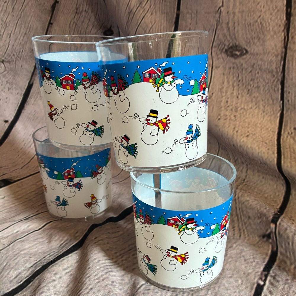 Vintage Y2K Leahy Designs 1992 Snowman Winter Snowball‎ Fight 4 pc Drinking Cups